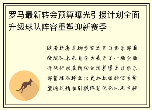 罗马最新转会预算曝光引援计划全面升级球队阵容重塑迎新赛季